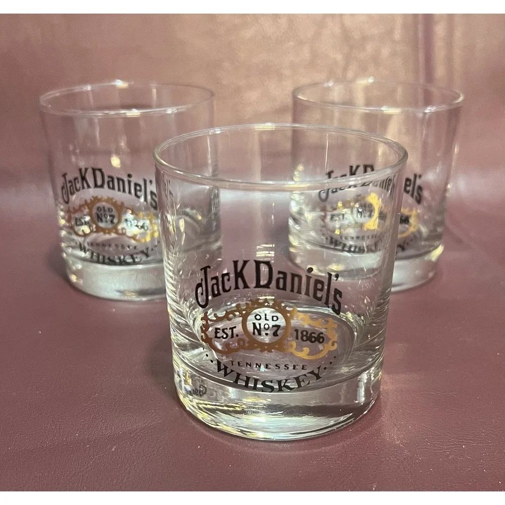 3 - JACK DANIELS Low Ball Glasses - Old No 7 Whiskey- Round Tumbler - 3 in. Tall